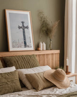 Cathedral View Barcelona by Nathan Larson. shown as a paper print in a natural frame. Available as a archival giclee rolled canvas, fine art paper, or poster print. SKU 85786h.