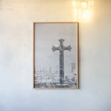 Cathedral View Barcelona by Nathan Larson. shown as a paper print in a natural frame. Available as a archival giclee rolled canvas, fine art paper, or poster print. SKU 85786h.