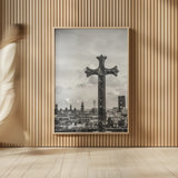 Cathedral View Barcelona BW by Nathan Larson. shown as over sized large wall art. Available as an archival giclee rolled canvas, fine art paper, or poster print. SKU 85787h.