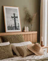 Cathedral View Barcelona BW by Nathan Larson. shown as a paper print in a natural frame. Available as a archival giclee rolled canvas, fine art paper, or poster print. SKU 85787h.