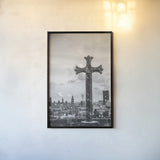 Cathedral View Barcelona BW by Nathan Larson. shown as a paper print in a black flame. Available as a archival giclee rolled canvas, fine art paper, or poster print. SKU 85787h.