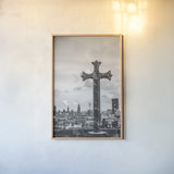 Cathedral View Barcelona BW by Nathan Larson. shown as a paper print in a natural frame. Available as a archival giclee rolled canvas, fine art paper, or poster print. SKU 85787h.