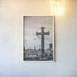 Cathedral View Barcelona BW by Nathan Larson. shown as a paper print in a white frame. Available as a archival giclee rolled canvas, fine art paper, or poster print. SKU 85787h.