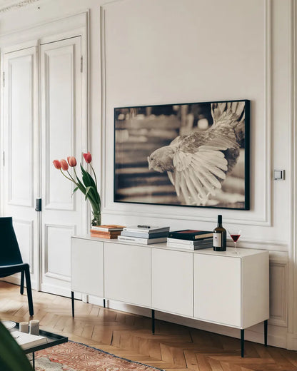 Chicken Barn II by Nathan Larson. shown as a framed stretched canvas in a living room above a console. Available as a archival giclee rolled canvas, fine art paper, or poster print. SKU 97956i.