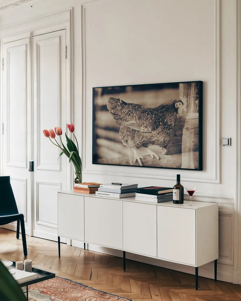 Chicken Barn IV by Nathan Larson. shown as a framed stretched canvas in a living room above a console. Available as a archival giclee rolled canvas, fine art paper, or poster print. SKU 97958i.