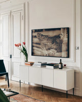 Chicken Barn IV by Nathan Larson. shown as a framed stretched canvas in a living room above a console. Available as a archival giclee rolled canvas, fine art paper, or poster print. SKU 97958i.
