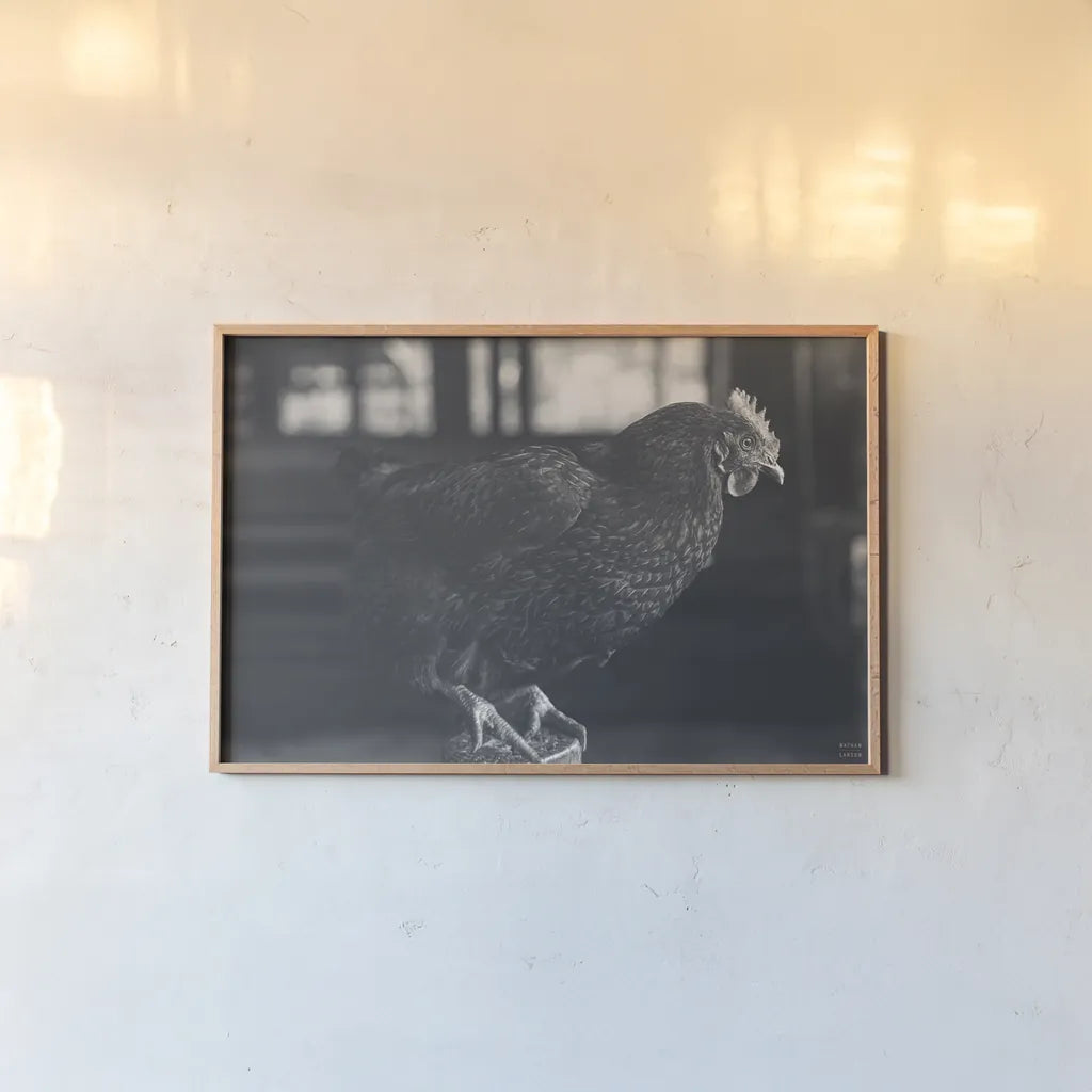 Chicken Watch by Nathan Larson. shown as a paper print in a natural frame. Available as a archival giclee rolled canvas, fine art paper, or poster print. SKU 97954i.
