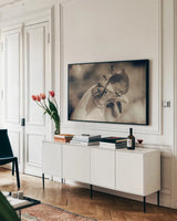 Chicken in the Sun I Sepia by Nathan Larson. shown as a framed stretched canvas in a living room above a console. Available as a archival giclee rolled canvas, fine art paper, or poster print. SKU 97875i.