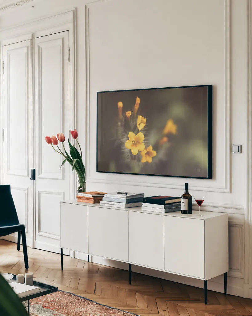 Common Fiddleneck II by Nathan Larson. shown as a framed stretched canvas in a living room above a console. Available as a archival giclee rolled canvas, fine art paper, or poster print. SKU 90482i.