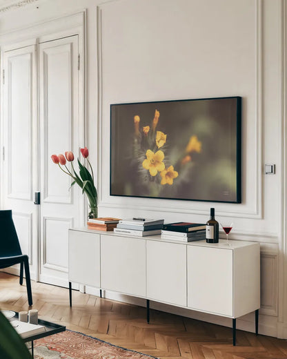 Common Fiddleneck II by Nathan Larson. shown as a framed stretched canvas in a living room above a console. Available as a archival giclee rolled canvas, fine art paper, or poster print. SKU 90482i.