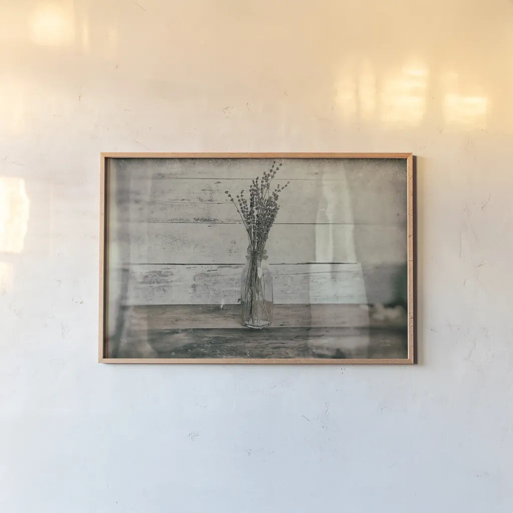 Cottage Lavender I by Nathan Larson. shown as a paper print in a natural frame. Available as a archival giclee rolled canvas, fine art paper, or poster print. SKU 77892i.