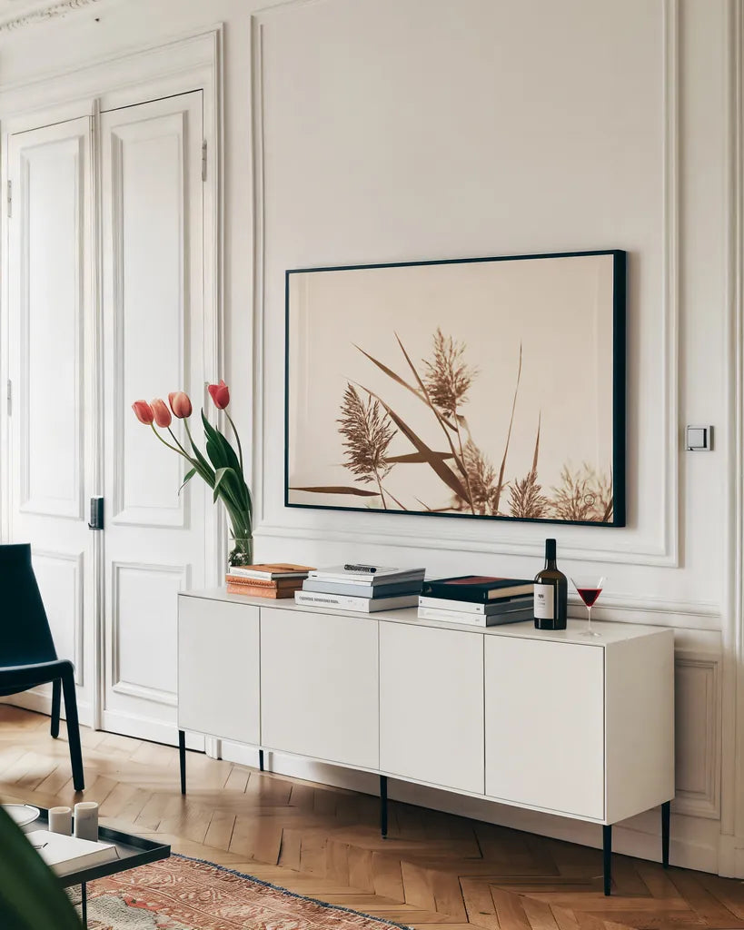 Country Grasses I by Nathan Larson. shown as a framed stretched canvas in a living room above a console. Available as a archival giclee rolled canvas, fine art paper, or poster print. SKU 75477i.