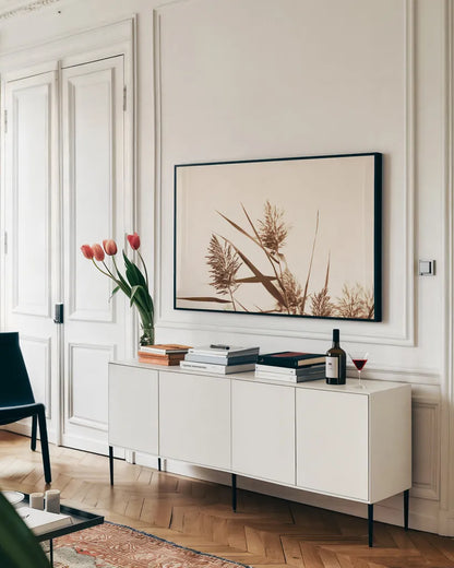 Country Grasses I by Nathan Larson. shown as a framed stretched canvas in a living room above a console. Available as a archival giclee rolled canvas, fine art paper, or poster print. SKU 75477i.