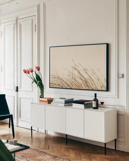 Country Grasses II by Nathan Larson. shown as a framed stretched canvas in a living room above a console. Available as a archival giclee rolled canvas, fine art paper, or poster print. SKU 75478i.
