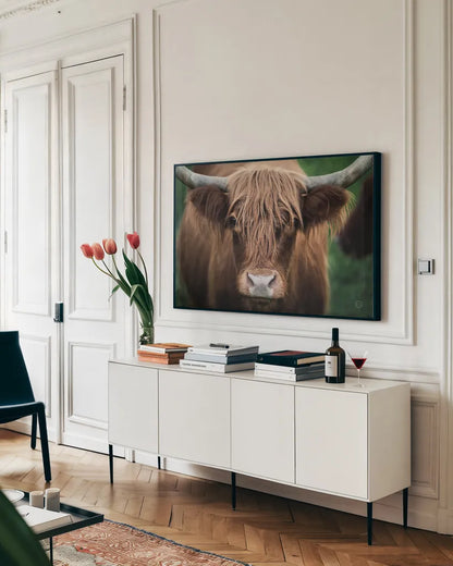 Cow Nose by Nathan Larson. shown as a framed stretched canvas in a living room above a console. Available as a archival giclee rolled canvas, fine art paper, or poster print. SKU 71432i.