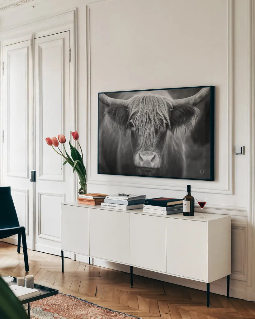 Cow Nose BW by Nathan Larson. shown as a framed stretched canvas in a living room above a console. Available as a archival giclee rolled canvas, fine art paper, or poster print. SKU 71479i.