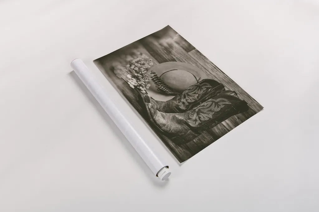 Cowboy Boots II by Nathan Larson. shown as a rolled paper print. Available as archival giclee rolled canvas, fine art paper, or poster print. SKU 82728i.
