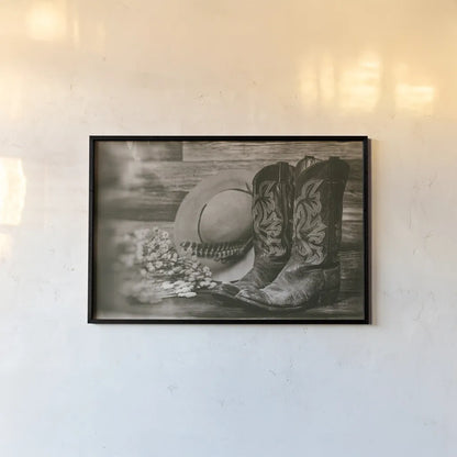 Cowboy Boots II by Nathan Larson. shown as a paper print in a black flame. Available as a archival giclee rolled canvas, fine art paper, or poster print. SKU 82728i.
