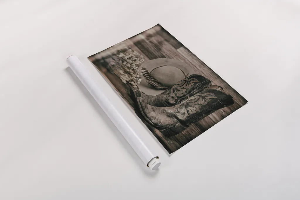 Cowboy Boots III by Nathan Larson. shown as a rolled paper print. Available as archival giclee rolled canvas, fine art paper, or poster print. SKU 82729i.