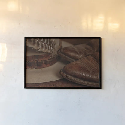 Cowboy Boots IV Warm by Nathan Larson. shown as a paper print in a black flame. Available as a archival giclee rolled canvas, fine art paper, or poster print. SKU 82737i.