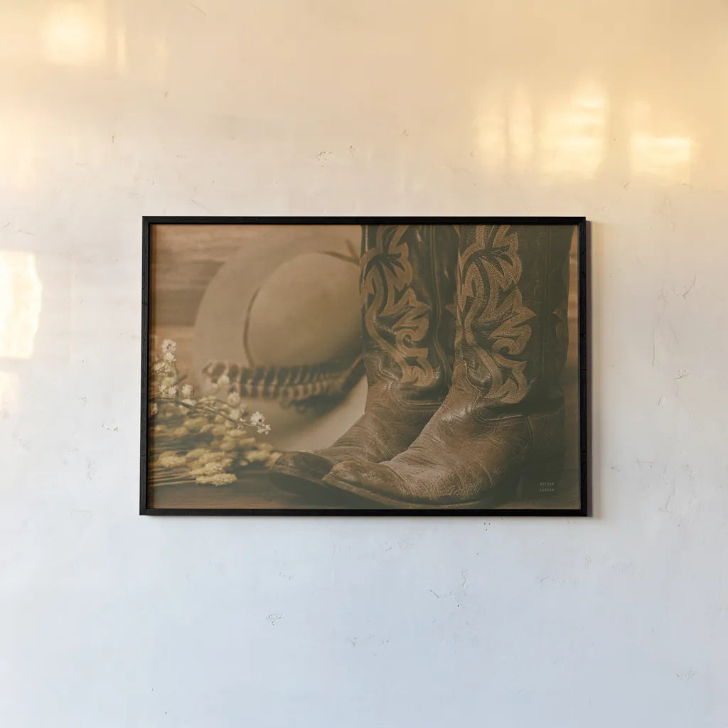 Cowboy Boots V by Nathan Larson. shown as a paper print in a black flame. Available as a archival giclee rolled canvas, fine art paper, or poster print. SKU 82731i.