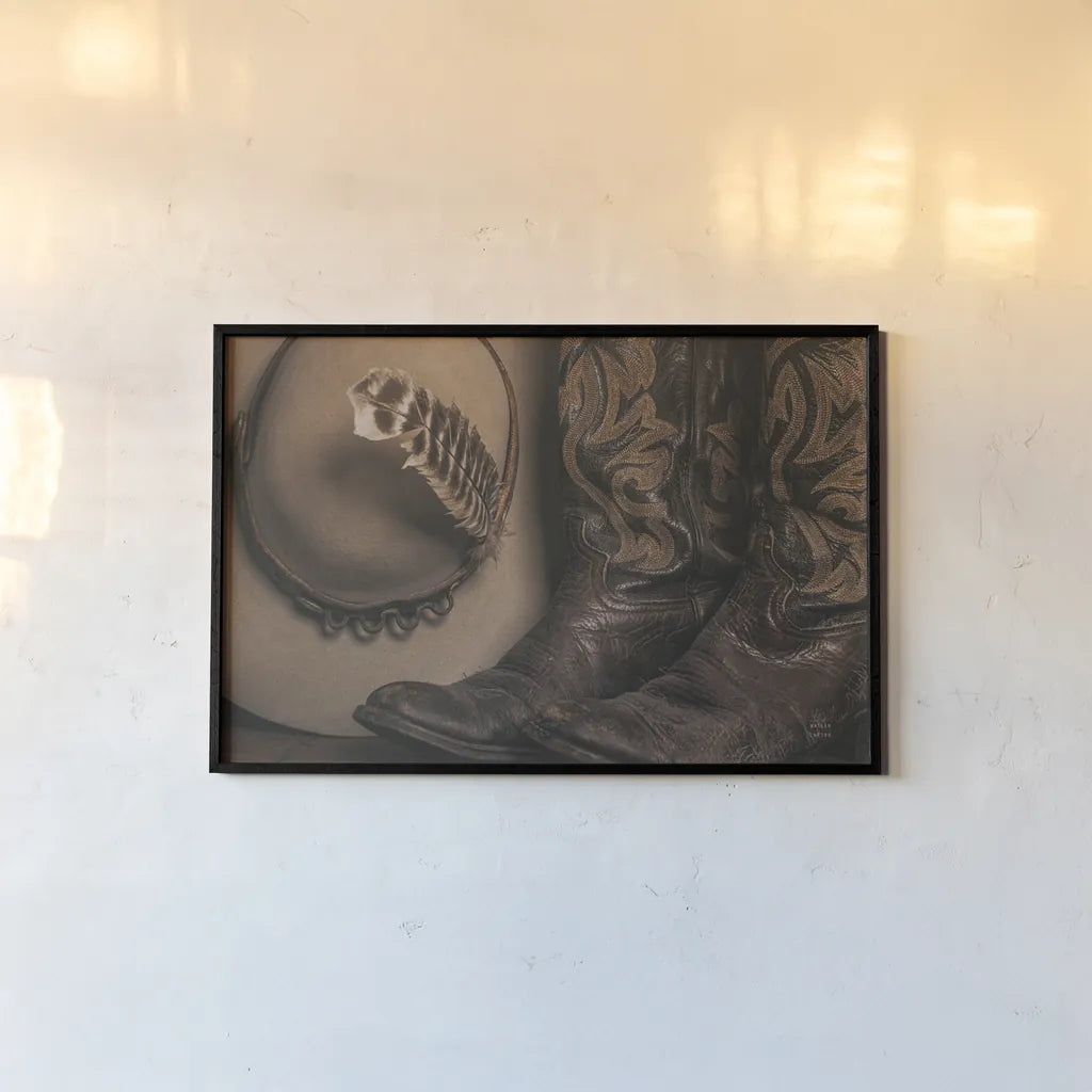 Cowboy Boots VI by Nathan Larson. shown as a paper print in a black flame. Available as a archival giclee rolled canvas, fine art paper, or poster print. SKU 82732i.