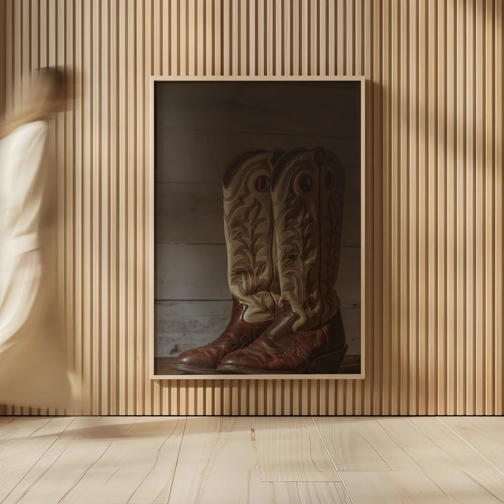 Cowboy Boots VIII by Nathan Larson. shown as over sized large wall art. Available as an archival giclee rolled canvas, fine art paper, or poster print. SKU 82734h.