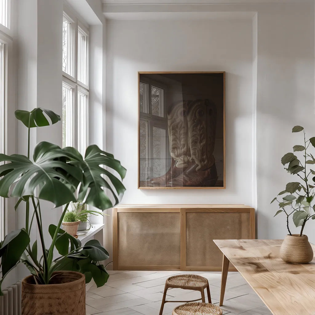 Cowboy Boots VIII by Nathan Larson. shown as a print in a natural wood frame in a dining room. Available as a archival giclee rolled canvas, fine art paper, or poster print. SKU 82734h.