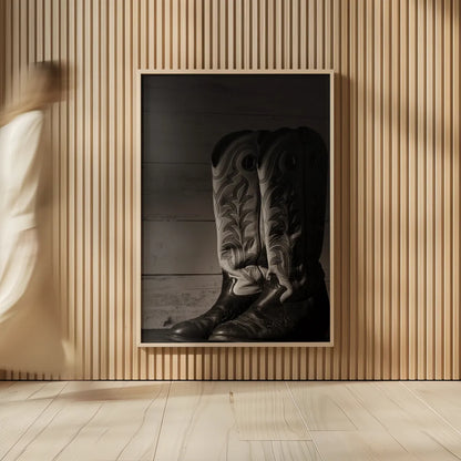 Cowboy Boots VIII BW by Nathan Larson. shown as over sized large wall art. Available as an archival giclee rolled canvas, fine art paper, or poster print. SKU 82739h.