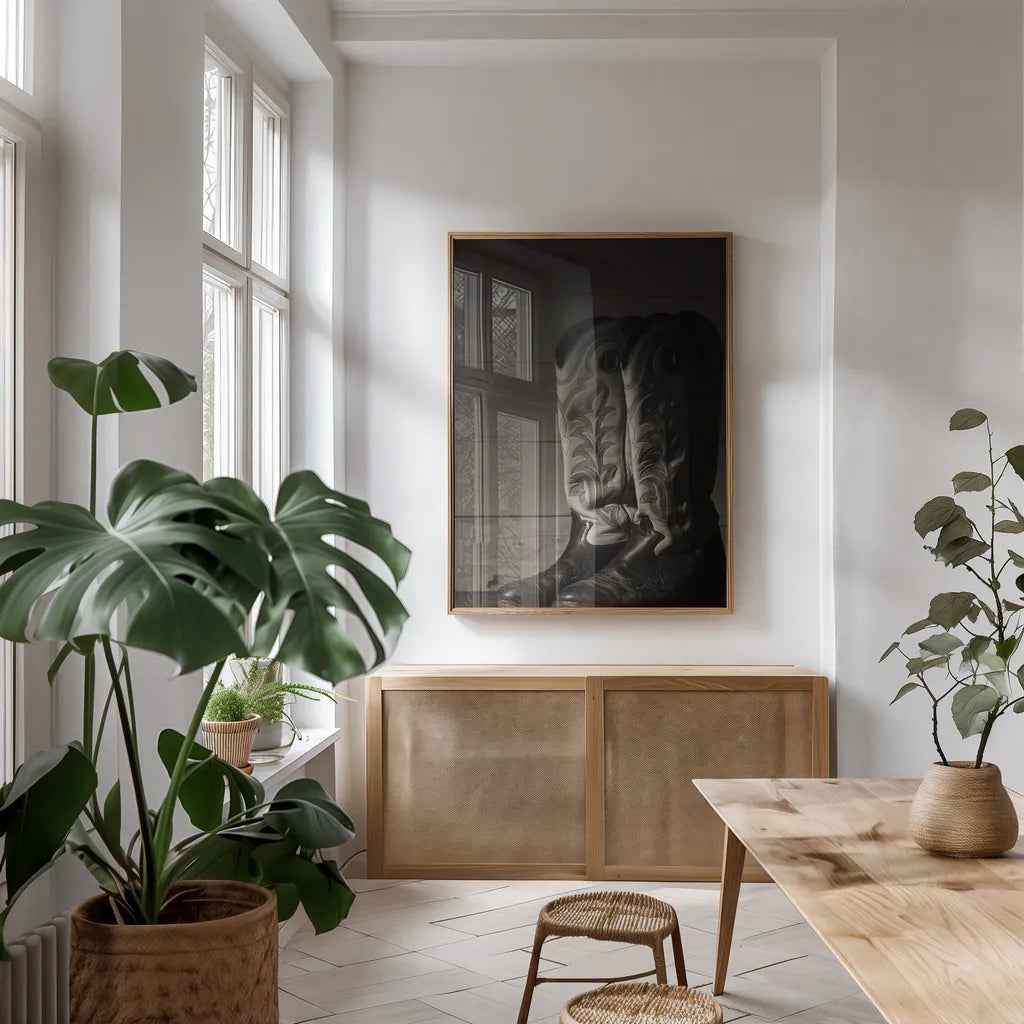 Cowboy Boots VIII BW by Nathan Larson. shown as a print in a natural wood frame in a dining room. Available as a archival giclee rolled canvas, fine art paper, or poster print. SKU 82739h.