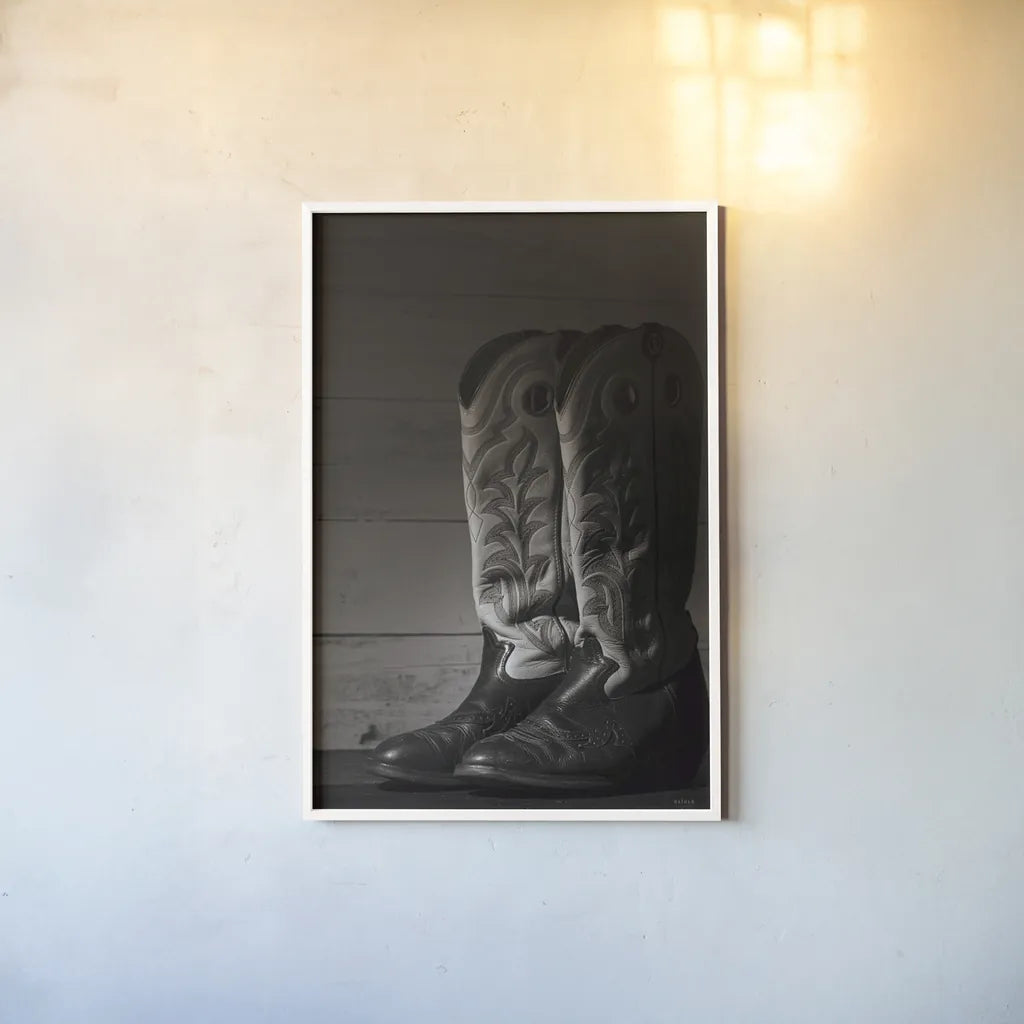 Cowboy Boots VIII BW by Nathan Larson. shown as a paper print in a white frame. Available as a archival giclee rolled canvas, fine art paper, or poster print. SKU 82739h.