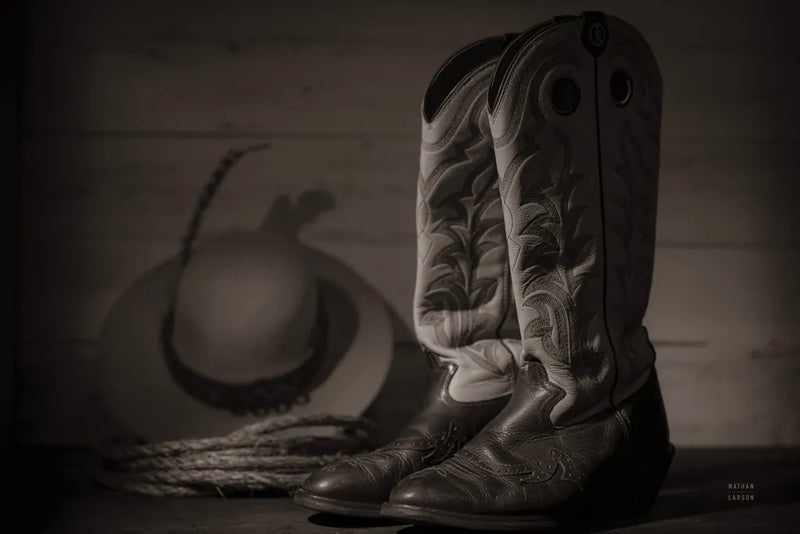 Cowboy Boots X BW by Nathan Larson. SKU 82740i. Archival Giclee Fine art print for wall decor.
