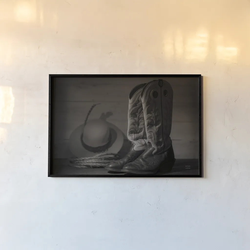 Cowboy Boots X BW by Nathan Larson. shown as a paper print in a black flame. Available as a archival giclee rolled canvas, fine art paper, or poster print. SKU 82740i.