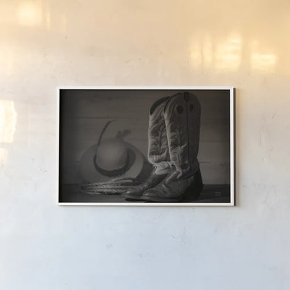 Cowboy Boots X BW by Nathan Larson. shown as a paper print in a white frame. Available as a archival giclee rolled canvas, fine art paper, or poster print. SKU 82740i.