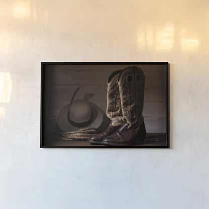 Cowboy Boots X Warm by Nathan Larson. shown as a paper print in a black flame. Available as a archival giclee rolled canvas, fine art paper, or poster print. SKU 82738i.