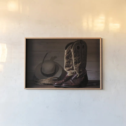 Cowboy Boots X Warm by Nathan Larson. shown as a paper print in a natural frame. Available as a archival giclee rolled canvas, fine art paper, or poster print. SKU 82738i.