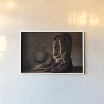 Cowboy Boots X Warm by Nathan Larson. shown as a paper print in a white frame. Available as a archival giclee rolled canvas, fine art paper, or poster print. SKU 82738i.