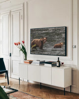 Crossing by Nathan Larson. shown as a framed stretched canvas in a living room above a console. Available as a archival giclee rolled canvas, fine art paper, or poster print. SKU 89440i.