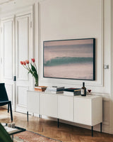 Curling Lip by Nathan Larson. shown as a framed stretched canvas in a living room above a console. Available as a archival giclee rolled canvas, fine art paper, or poster print. SKU 71430i.