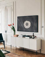 Daisy Down BW by Nathan Larson. shown as a framed stretched canvas in a living room above a console. Available as a archival giclee rolled canvas, fine art paper, or poster print. SKU 102289i.