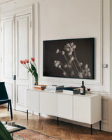 Daisy Study by Nathan Larson. shown as a framed stretched canvas in a living room above a console. Available as a archival giclee rolled canvas, fine art paper, or poster print. SKU 76844i.