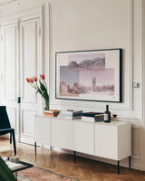 Desert Collage v2 by Nathan Larson. shown as a framed stretched canvas in a living room above a console. Available as a archival giclee rolled canvas, fine art paper, or poster print. SKU 80621i.