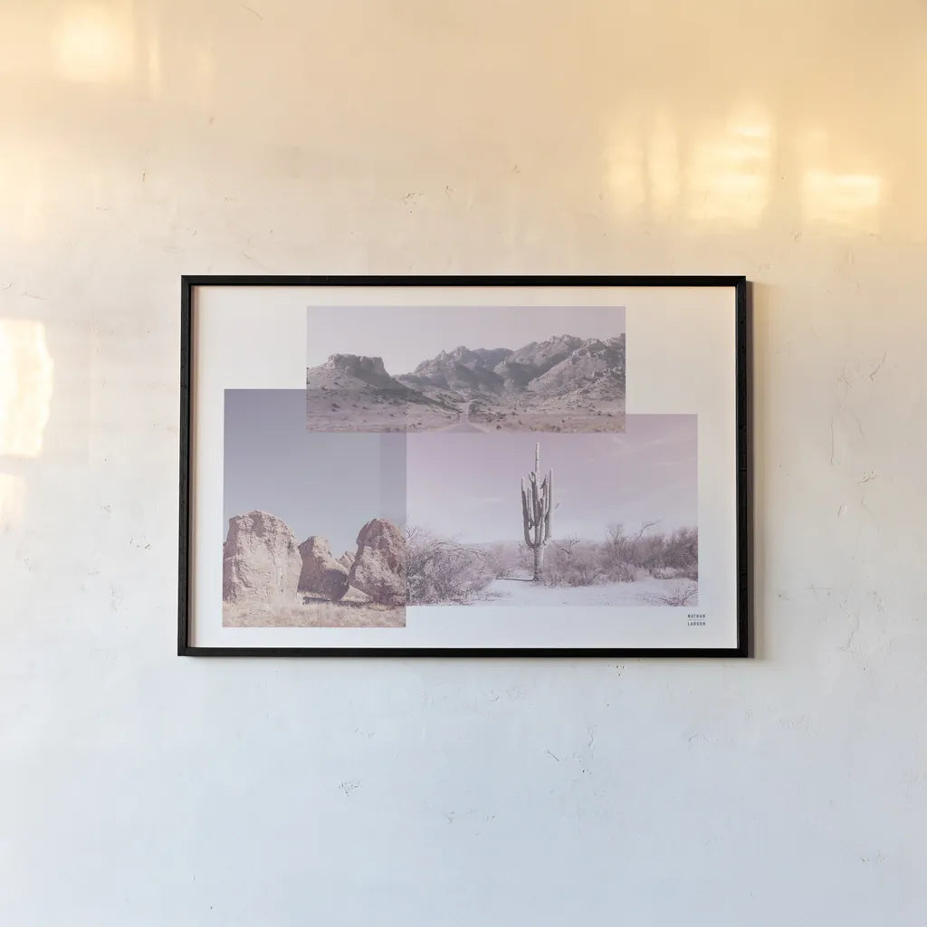 Desert Collage v2 by Nathan Larson. shown as a paper print in a black flame. Available as a archival giclee rolled canvas, fine art paper, or poster print. SKU 80621i.