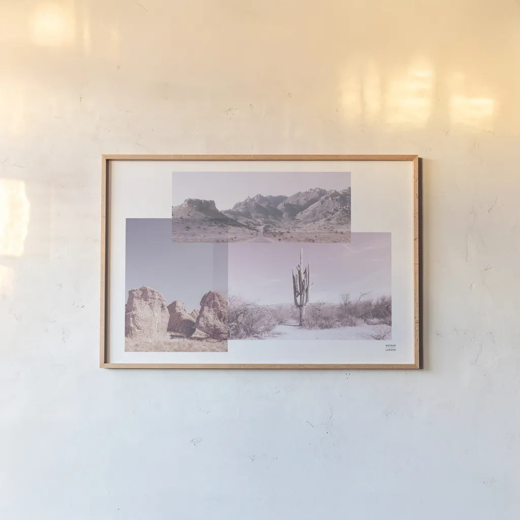 Desert Collage v2 by Nathan Larson. shown as a paper print in a natural frame. Available as a archival giclee rolled canvas, fine art paper, or poster print. SKU 80621i.
