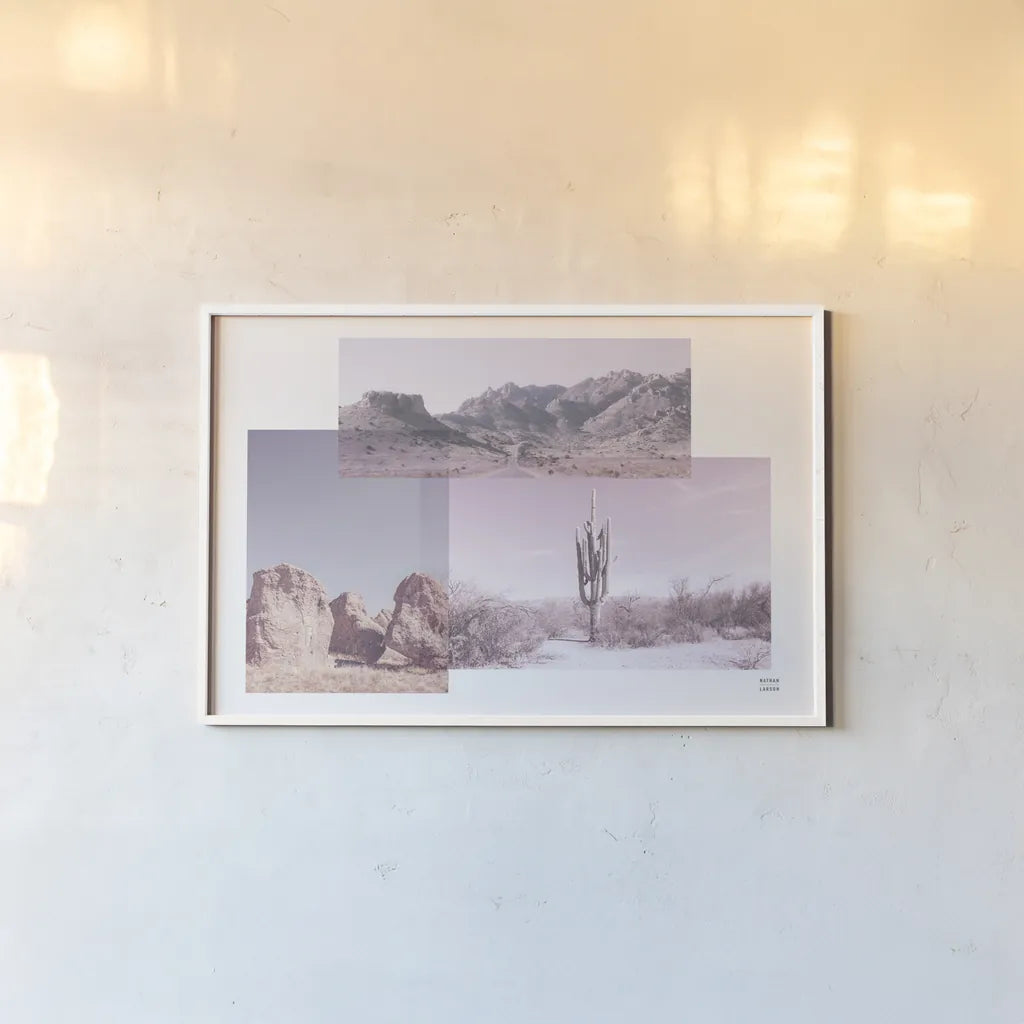 Desert Collage v2 by Nathan Larson. shown as a paper print in a white frame. Available as a archival giclee rolled canvas, fine art paper, or poster print. SKU 80621i.