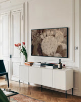 Desert Heart by Nathan Larson. shown as a framed stretched canvas in a living room above a console. Available as a archival giclee rolled canvas, fine art paper, or poster print. SKU 103225i.