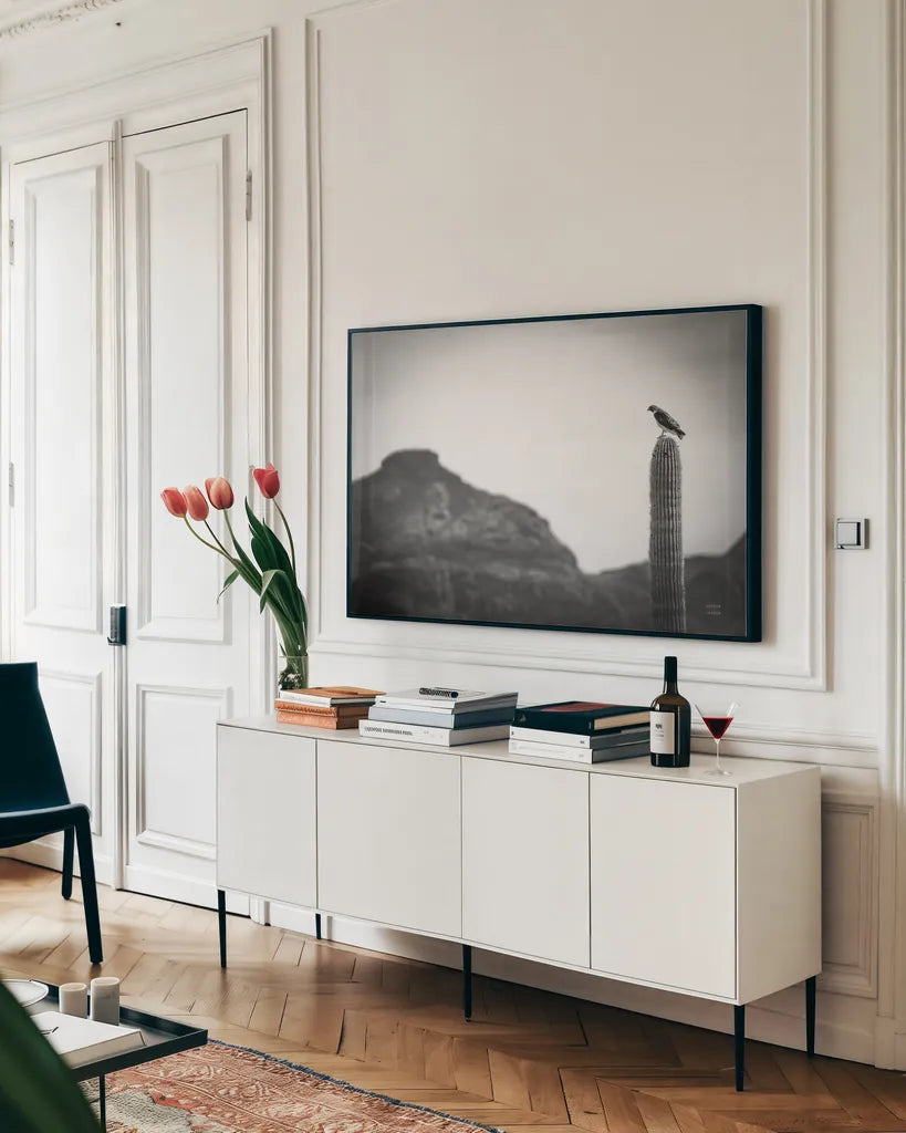 Desert Hunter by Nathan Larson. shown as a framed stretched canvas in a living room above a console. Available as a archival giclee rolled canvas, fine art paper, or poster print. SKU 90438i.