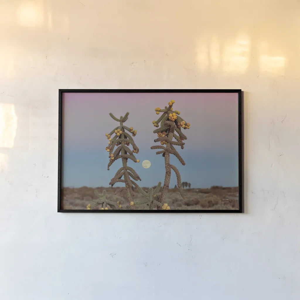 Desert Moonrise by Nathan Larson. shown as a paper print in a black flame. Available as a archival giclee rolled canvas, fine art paper, or poster print. SKU 76443i.