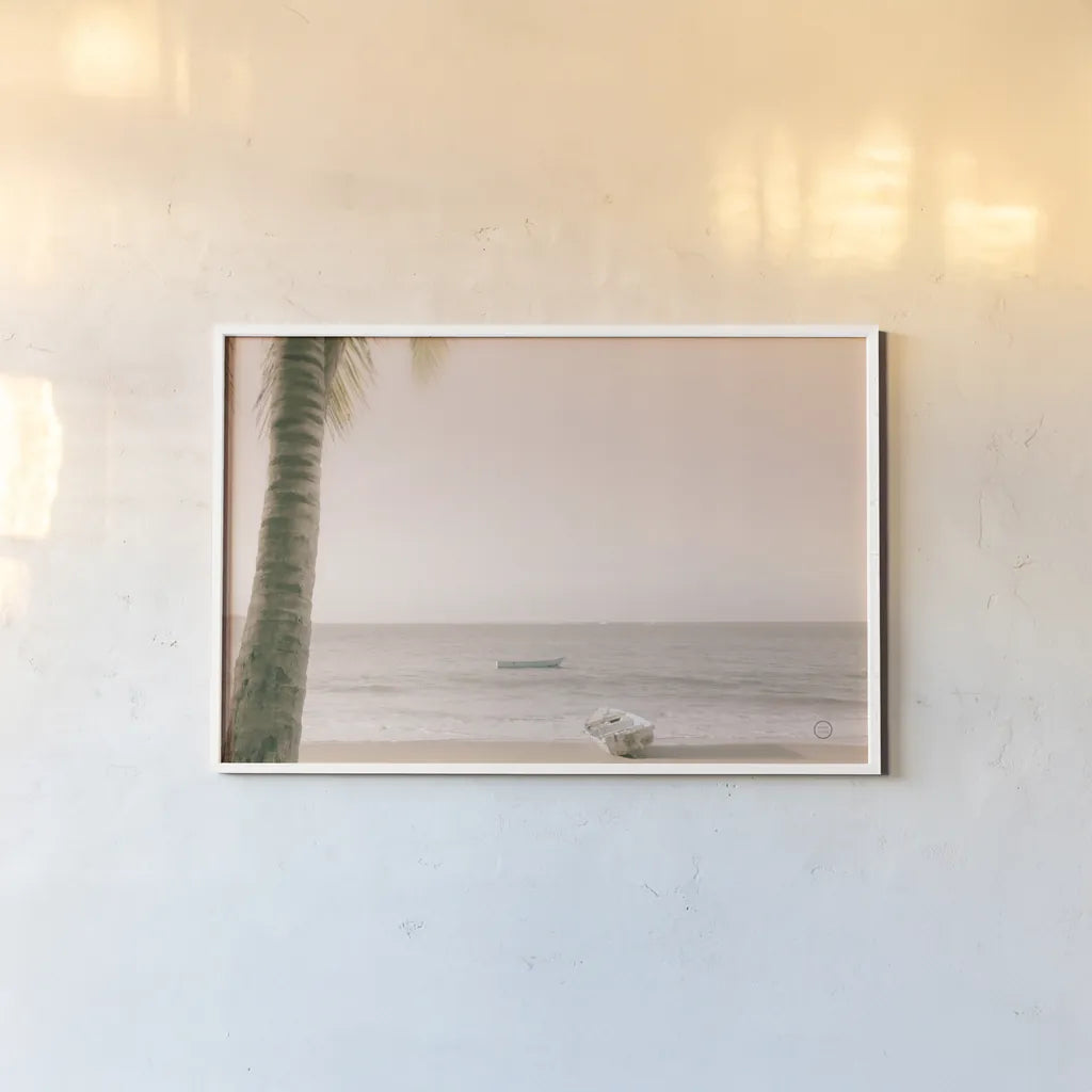 Dominican Fishing Boats by Nathan Larson. shown as a paper print in a white frame. Available as a archival giclee rolled canvas, fine art paper, or poster print. SKU 73714i.