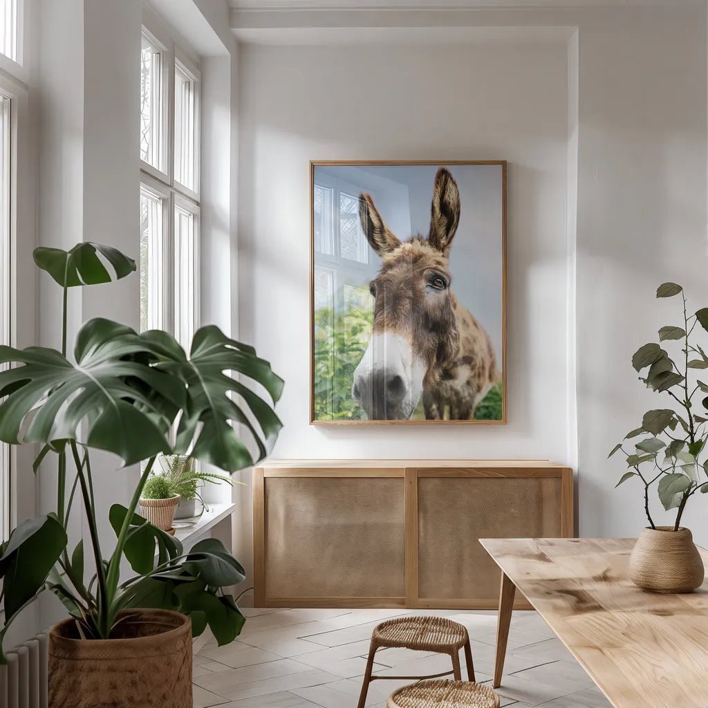 Donkey Pasture by Nathan Larson. shown as a print in a natural wood frame in a dining room. Available as a archival giclee rolled canvas, fine art paper, or poster print. SKU 99952h.